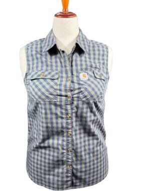 Carhartt Force Green Blue Plaid Gorpcore Granola Button Up Workwear Top (SZ M)